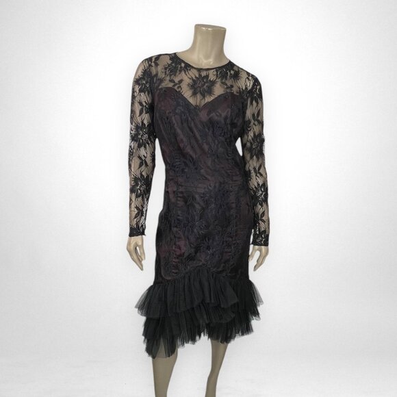 Vintage NEWLEAF Black Lace Drop Waist‎ Open Back Dress M - Picture 1 of 9